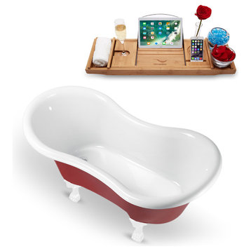 62" Red Clawfoot Tub and Tray, White Feet, Chrome Internal Drain