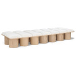 Meridian Furniture - Pavilion Black Boucle Fabric Bench, Cream, Natural Finish, 108.5" W X 36" D X 17.5" H - Bring valuable seating and remarkable style to your space with this cream Pavilion boucle fabric bench, an exquisite balance of style and usability for the entryway, bedroom, and beyond. Crafted from oak veneer with a natural finish, this bench has a 4-inch-thick seat cushion that's channel-tufted for a touch of luxury. The bench's columnar bases add a dash of art deco design, making it a captivating focal point in any room.