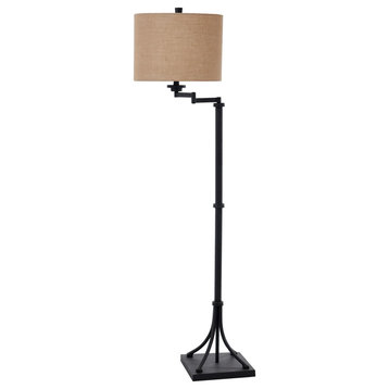 Farmhouse Floor Lamp, Square Base With Swinging Arm & Burlap Shade, Bronze/Tan