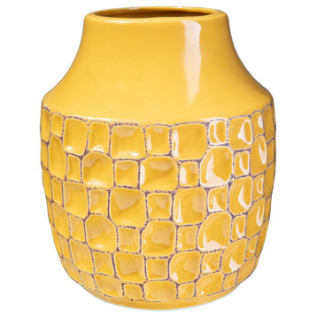 Round Ceramic Vase with Debossed Abstract Design Gloss Mustard Yellow Finish
