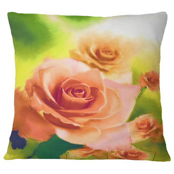 Beautiful Watercolor Roses On Green Flower Throw Pillow, 16"x16"