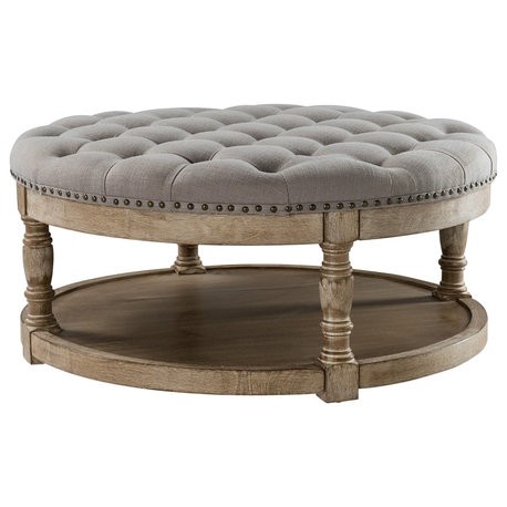 36" Wide Tufted Round Cocktail Ottoman With Storage, Gray