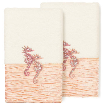 100% Turkish Cotton Sofia 2-Piece Embellished Hand Towel Set, Cream