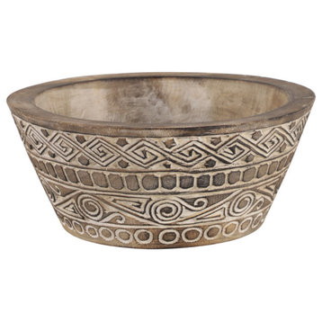 Round Decorative Hand-Carved Brown and White Wood Bowl With Tribal Design