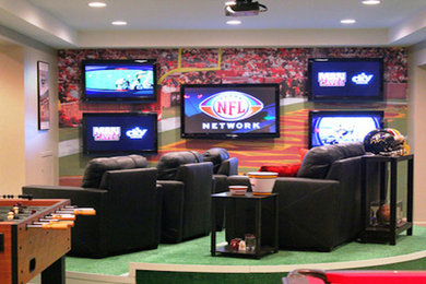 Inspiration for an enclosed home theater remodel in Dallas with beige walls and a projector screen