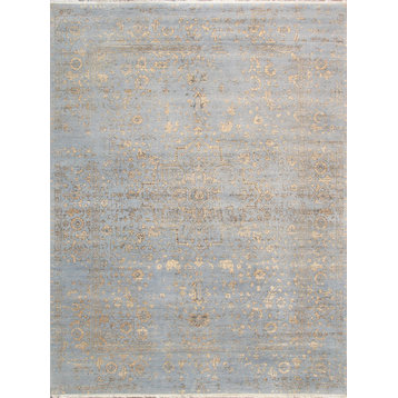 Transitional Hand Knotted Bsilk and Wool Area Rug, 8'11" X 11' 9", L. Blue/Gold