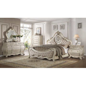 ACME Ragenardus Queen Bed, Beige Linen and Antique White