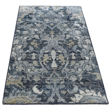Arsenic Gray Hand Knotted Silk With Wool Blossom Design Rug 3' x 5'