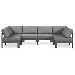 Meridian Furniture - Nizuc Water Resistant Patio U-Shaped Modular Sectional, Gray, 6-Piece: 4 Armless Chair, 2 Corner Chair, Dark Gray Aluminum Frame - Pick and choose your favorites from the Nizuc collection to create a modular seating group the whole gang will enjoy. The sturdy aluminum frame provides dependable support for friends and family as they relax and unwind, and the resilient grey water resistant fabric stands up to the elements without losing its beautiful demeanor, so you can count on it lasting for the long haul. Latches beneath these seating pieces help you easily attach them to one another for convenient setup.