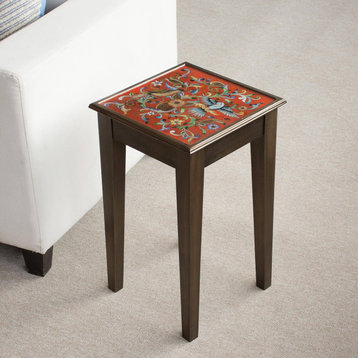 NOVICA Birds In The Red Skies And Reverse-Painted Glass Accent Table