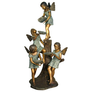 Fairies Catching Water In Lily Pads Bronze Sculpture