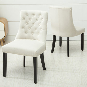 Brooklyn Button Diamond Tufted Beige Linen Fabric Modern Dining Chair (Set of 2)