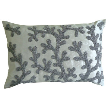 Coral Design 12"x18" Art Silk White Lumbar Pillow Cover, Silver Corals
