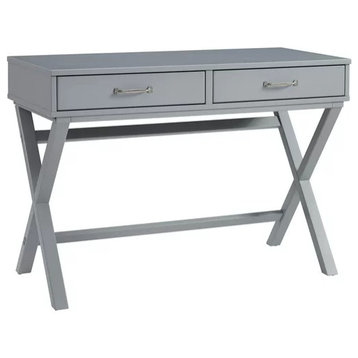 Contemporary Desk, Pine Wood Frame With X-Shaped Sides & 2 Drawers, Gray Finish