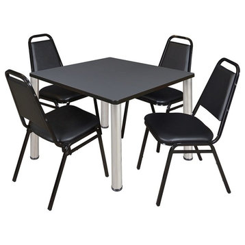 Kee 36" Square Breakroom Table, Gray, Chrome, 4 Restaurant Stack Chairs, Black