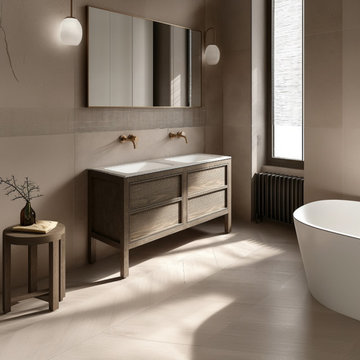 Desert Beige Oak Double Sink Vanity | Freestanding White Oak Bathroom Cabinet |