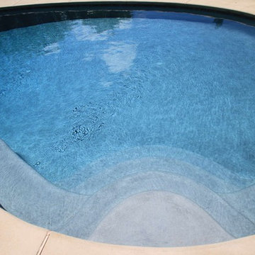 Kidney shaped in-ground salt water pool with outdoor kitchen