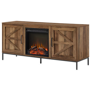 Modern Rustic TV Stand, Arrow Head Accented Barn Doors and Fireplace, Rustic Oak