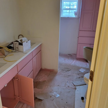 Custom Mauve Pink Bathroom Vanity & Built-In Linen Storage
