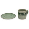 Prancing Elephants Celadon Ceramic Demitasse Cup and Saucer