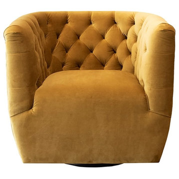 Pemberly Row Mid-century Velvet Tufted Back Swivel Chair in Gold Yellow