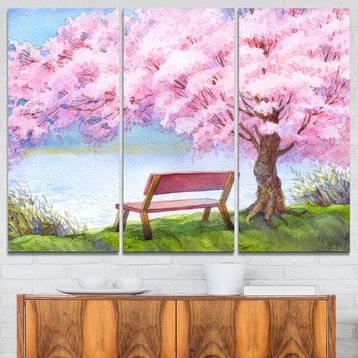 "Bench Under Flowering Peach Tree" Canvas Print, 3 Panels, 36"x28"
