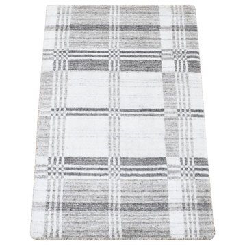 Ivory/Gray Hand Loomed Modern Plaid Design 100% Wool Mat Oriental Rug, 2'x3'