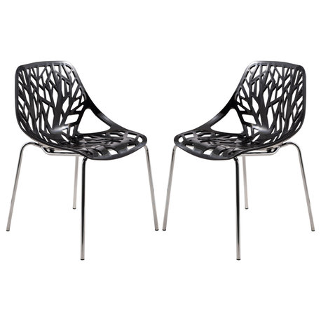 Leisuremod Asbury Plastic Stackable Dining Chair With Chromed Legs, Set of 2, Black