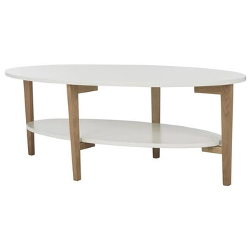 Cotemporary Coffee Table, Oval Design With Natural Wooden Legs, White Top/Shelf