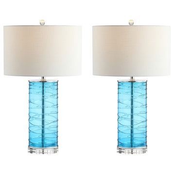 Cole 27.5" Fused Glass Cylinder LED Table Lamp, Set of 2, Turquoise