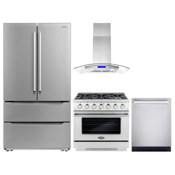 4 Piece, 36" Gas Range 36" Range Hood 24" Dishwasher & Refrigerator