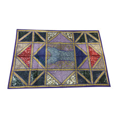 Mogulinterior - Indian Sari Tapestry Blue Embroidered Patchwork Wall Decor - Tapestries
