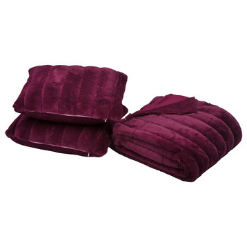 BOON Rabbit Jumbo Fur Throw and Pillow, 3-Piece Set, Burgundy