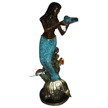 Mermaid holding shell W turtle fish Bronze fountain Art Nude 38" x 24" x 68"H.