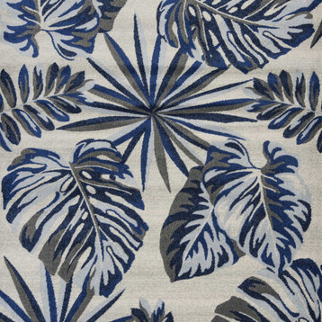 8'X11' Grey Blue Machine Woven Oversized Tropical Leaves Indoor Area Rug