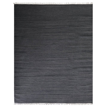 Hand Woven Flat Weave Kilim Wool Area Rug Solid Charcoal