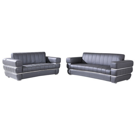 Ferrara Genuine Italian Leather Modern Sofa 2-Piece Collection Dark Gray