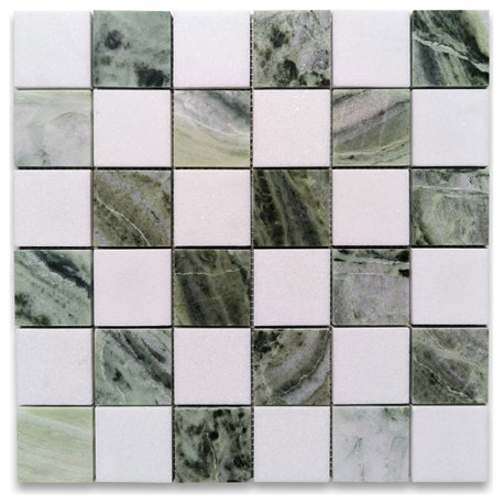 Sagano Vibrant Green Thassos White Marble 2x2 Checkerboard Mosaic Tile, 1 sheet