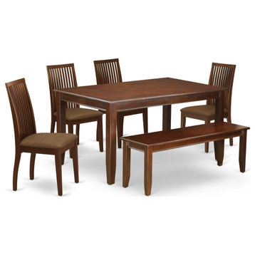 Duip6-Mah-C, 6-Piece Dining Set, Table, 4-Linen Seat Chairs and Bench, Mahogany