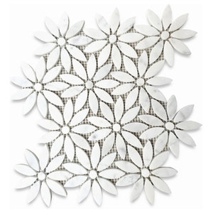 Carrara Marble Flower Mosaic Border White Carrera Floral Listello Tile w/Bardiglio Gray Polished