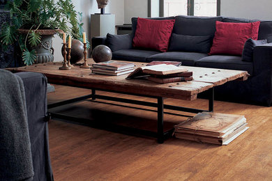 Living room - transitional medium tone wood floor living room idea in Toronto with white walls and no fireplace