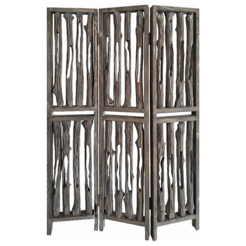 Contemporary 3 Panel Wooden Screen With Log Design, Brown