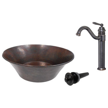 15" Round Copper Cazo Vessel Bath Sink With Lift-n-Turn Drain & Vessel Faucet