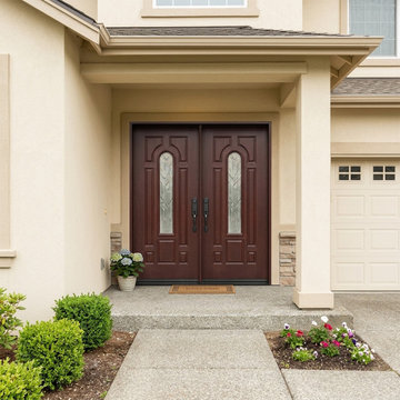 Elegant Double Mahogany Color Front Entry Door with Decorative Glass Inserts for