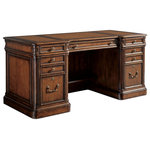 Sligh - Morgan Executive Desk - Traditional designs in Cherry with faux leather writing surface and nine full extension drawers. The left and right pedestals feature three storage drawers and one file drawer for letter or legal files. The center drawer is a drop-front for comfortable use with a keyboard. The is also a lower shelf in the center with ample knee space 28.5 wide and 25H.
