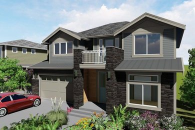 Large transitional multicolored two-story concrete fiberboard house exterior idea in Seattle with a hip roof and a mixed material roof