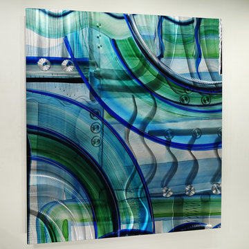 Symbiotic - Colorful, Blue Abstract Painting with Silver & Green, Unique Bright
