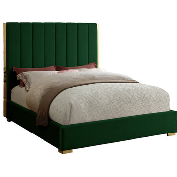 Becca Velvet Upholstered Bed, Green, Queen