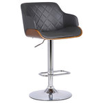 Armen Living - Petyr Adjustable Barstool, Chrome/Walnut With Gray Faux Leather - The Armen Living Petyr contemporary adjustable barstool features a medium height seat design complete with armrests for optimal user comfort and support. This impressive stool comes with a Steel column base that assures durability without compromising on the stool's elegant aesthetics. The added footrest adds balance to the piece by serving as a visual accent to the plush, foam padded seat. The Petyr's diamond textured, Faux Leather seat features a Poplar wood base and 360 degree swivel function, allowing for a wide range of movement while seated. The adjustable height setting on the bottom of the seat allows one to easily transform the stool from counter to bar height, making it adaptable for both the kitchen and the home bar setting. This exceptional stool is available in 3 style choices; A Black Powder Finished design with a sleek Grey Faux Leather upholstered, Black Brushed Wood seat as well as two Chrome finish designs sporting stylish Walnut wood seat frames, available with Black or Grey Faux Leather upholstery.