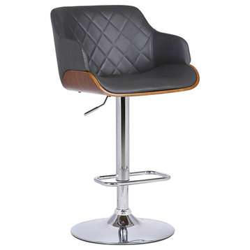 Petyr Adjustable Barstool, Chrome/Walnut With Gray Faux Leather